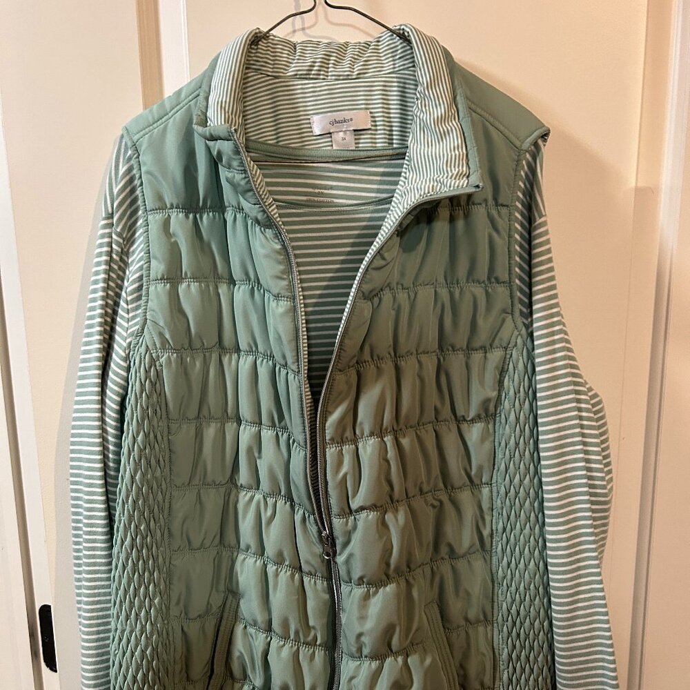 CJ Banks Sage Green Quilted Vest with Striped Knit Top - Size 2X